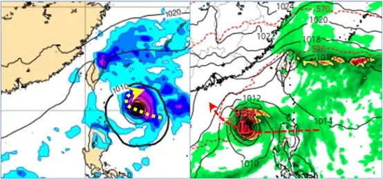 最新(2日20時)歐洲(ECMWF)及美國(GFS)模式，模擬下週五(8日)20時地面圖顯示，有熱帶系統發展，或在台灣東南方海面迴轉(左圖)，或穿過呂宋島、西行進入南海(右圖)。（圖／翻攝自氣象應用推廣基金會「洩天機教室」）