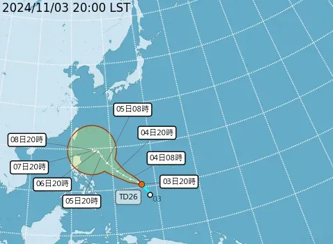 位於菲律賓東方海面的熱帶性低氣壓最快會在今晚增強為颱風「銀杏」,氣象署指出,6日是路徑轉折的觀察時間點。(圖/翻攝氣象署官網)