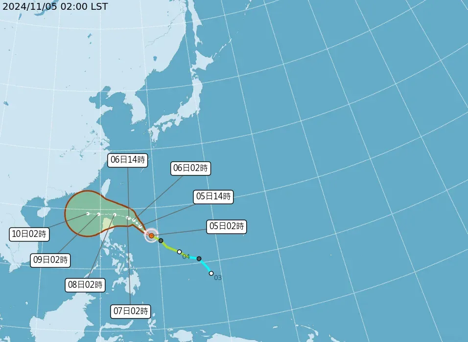 銀杏颱風可能於今天上午增強為中颱。（圖／中央氣象署）