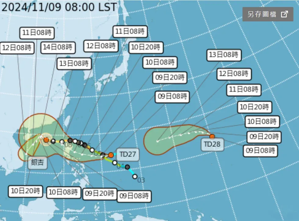 目前熱帶性低氣壓TD27和TD28距離台灣遙遠且都往西前進,吳聖宇預測可能會在成颱前就消滅。(圖/翻攝自中央氣象署官網)