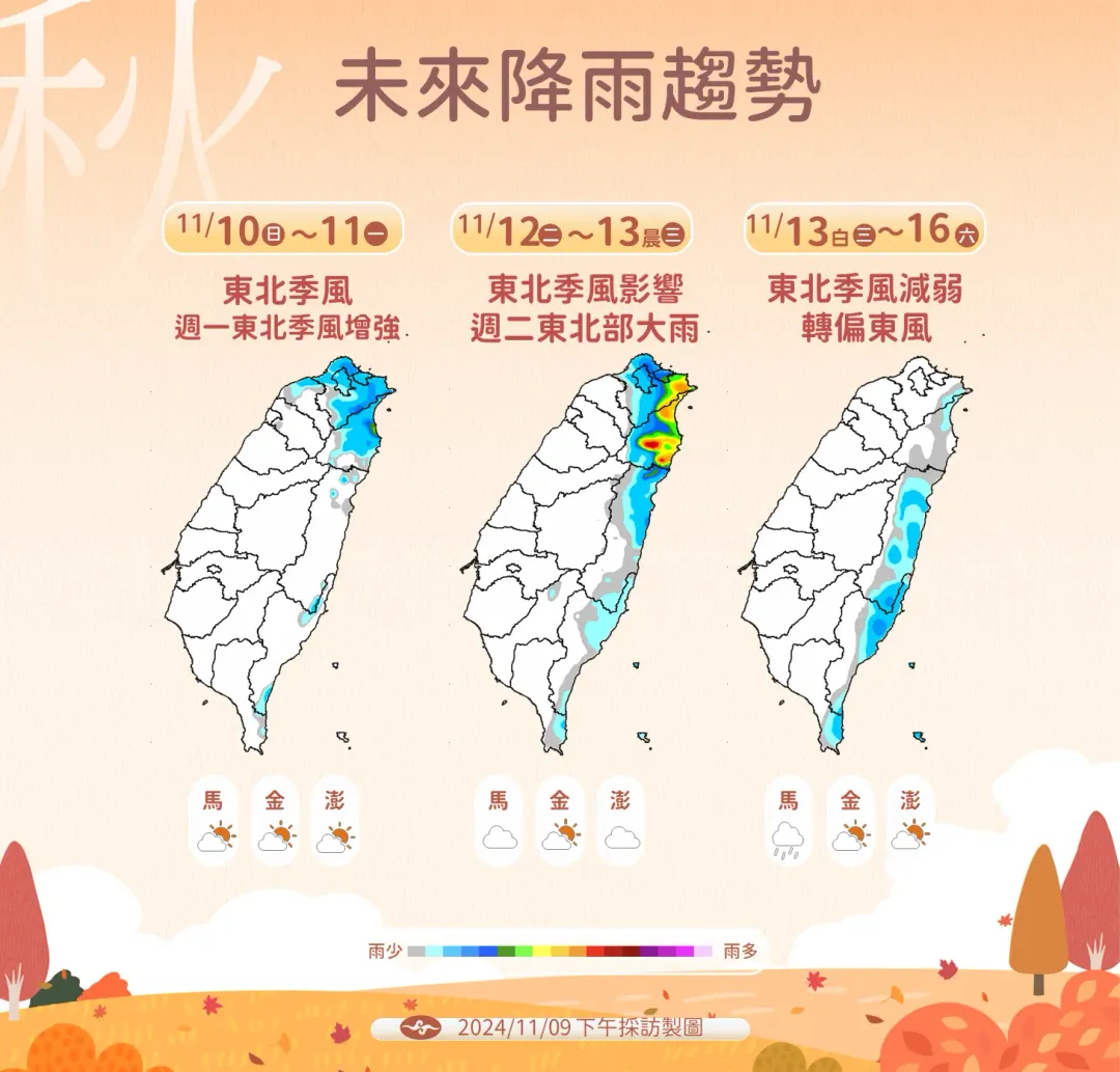 東北季風將是未來一週降雨變化關鍵,12日東北季風增強後,迎風面東北部雨量隨之增加。(圖/中央氣象署提供)