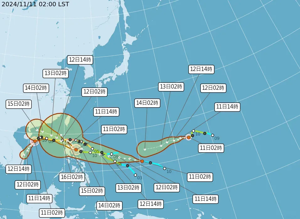 太平洋地區有3個颱風，有1個熱帶性低氣壓。（圖／氣象署）