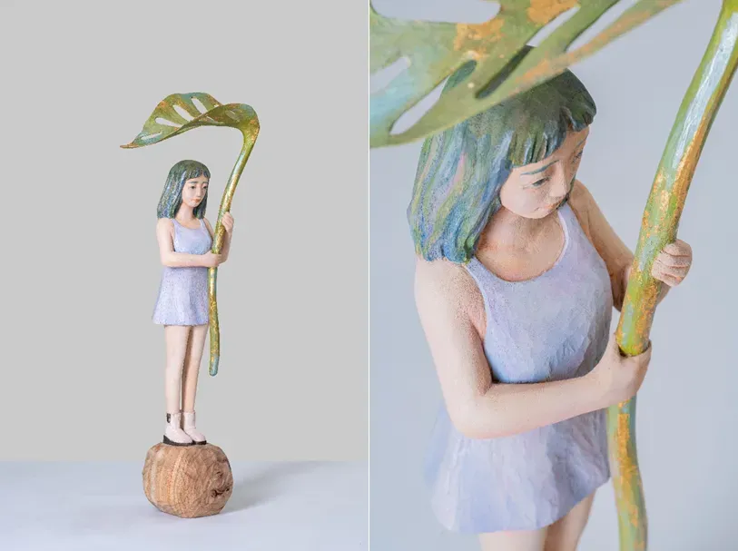 <綠蔭>&nbsp;江基名，52x16x15cm，樟木、丙烯顏料、金箔，2024。（圖／寶吉祥藝術中心提供）