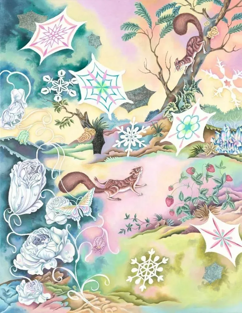 <露水匯聚的春晨Dew spring morning>&nbsp;歐靜雲，116.5×91cm，油彩、青貝箔於畫布，2024。（圖／寶吉祥藝術中心提供）