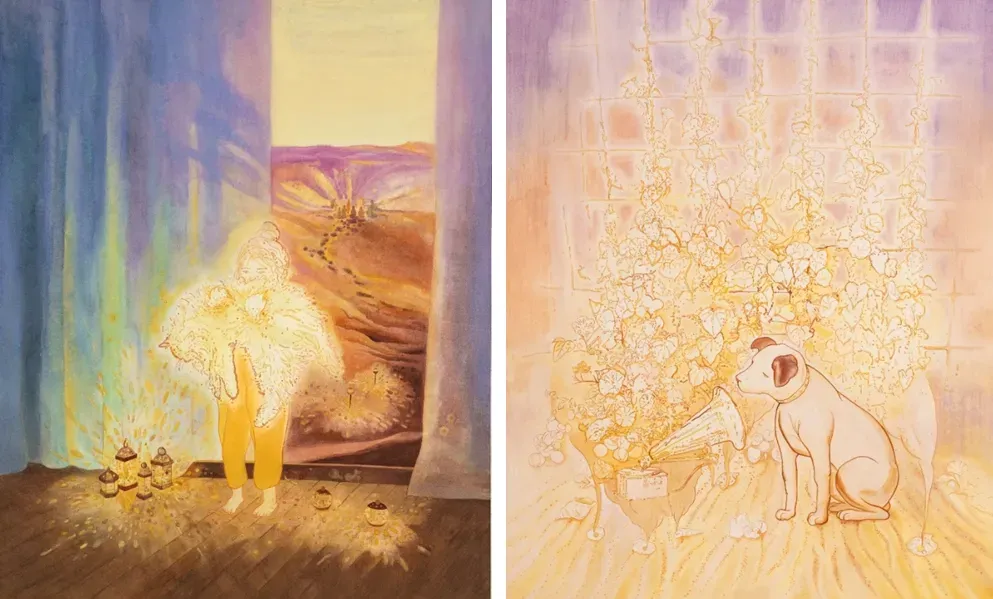 (左) <哀悼練習>&nbsp;林郁珮，80x65cm，紙本設色、礦物顏料，2024(右) <蔓延的念想>&nbsp;林郁珮，80x65cm，紙本設色、礦物顏料，2024。（圖／寶吉祥藝術中心提供）