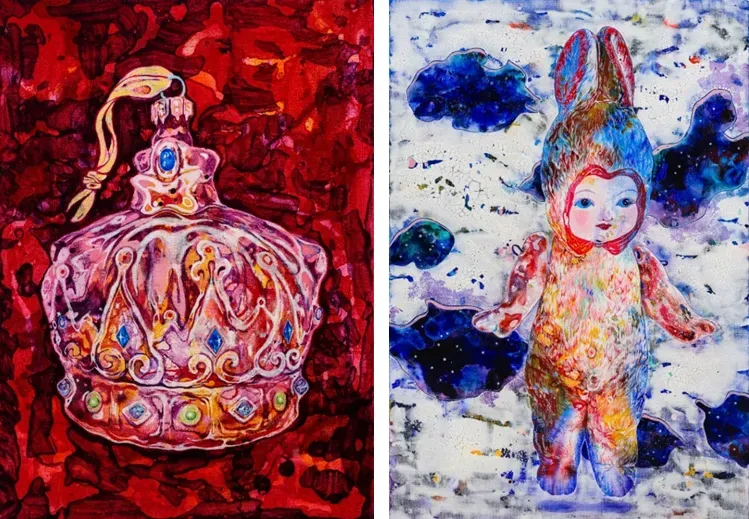 (左) <寶石Precious Stones>&nbsp;王亮尹，45.3x33cm，壓克力顏料，畫布，2022(右) <兔子洞>&nbsp;王亮尹，128x88cm，壓克力顏料，畫布，2022。（圖／寶吉祥藝術中心提供）