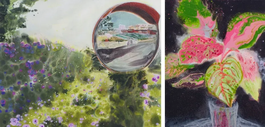 (左) <轉角風景>&nbsp;江威儒，91x72.5cm，壓克力顏料，畫布，2020(右) <火紅萬年青>&nbsp;江威儒，35x27cm，壓克力顏料，畫布，2020。（圖／寶吉祥藝術中心提供）