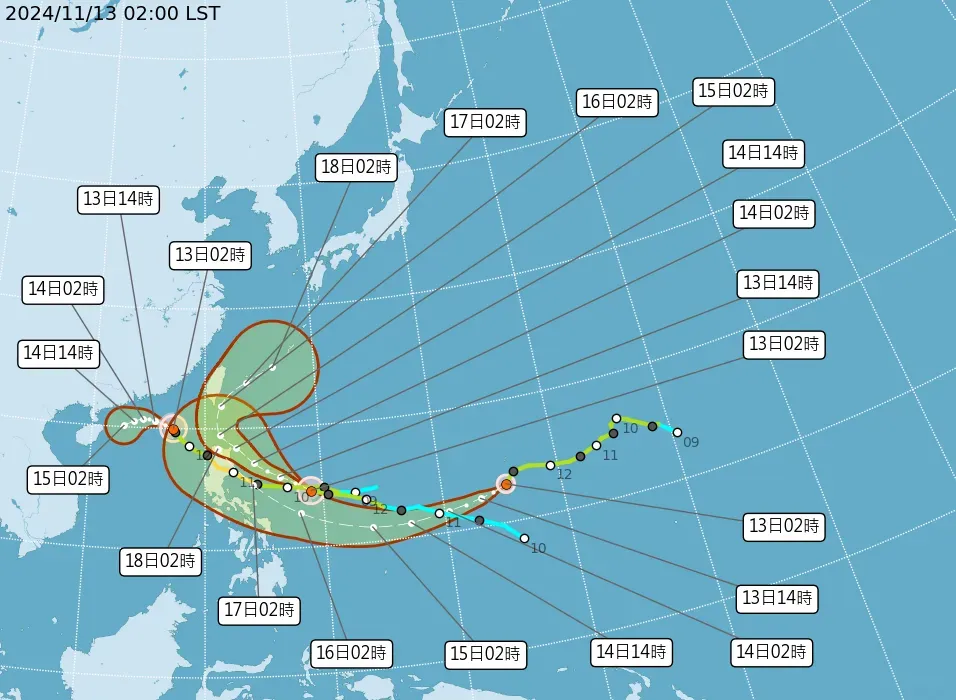 台灣周圍海域3颱共舞。(圖/中央氣象署)