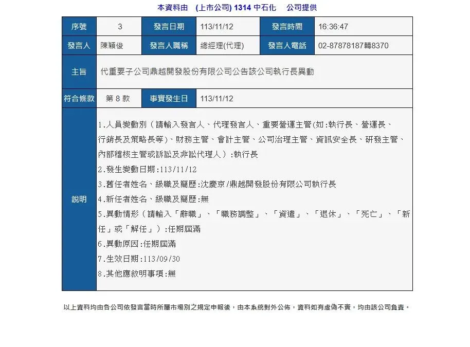 中石化發重訊，沈慶京鼎越執行長一職任期屆滿（攝自公開資訊觀測站）