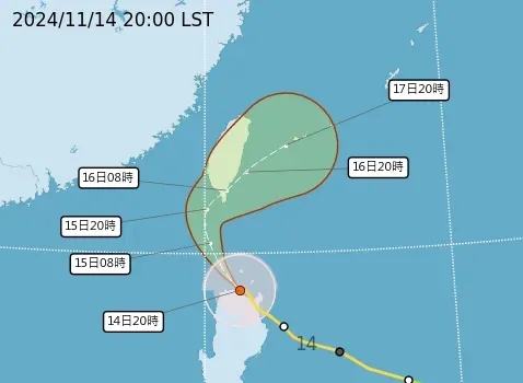 颱風天兔潛勢路徑預測圖。（圖取自氣象署網頁cwa.gov.tw）