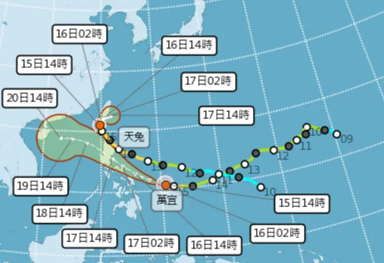 萬宜颱風外圍雲系預計在下週也會影響台灣天氣，以北部和東半部降雨較明顯。（圖／翻攝自中央氣象署官網）