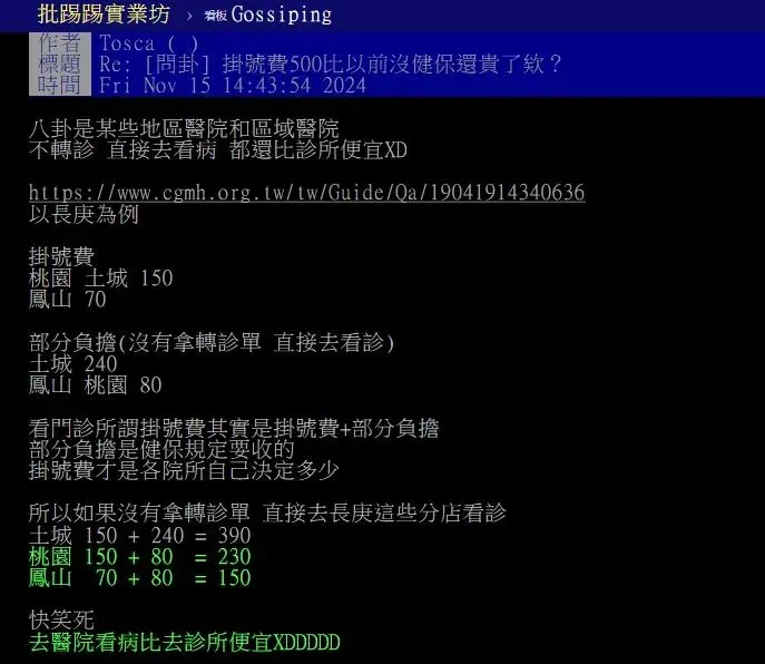 另外還有網友指出，未來診所掛號費上漲後，直接去地區醫院或是區域醫院看病，可能還比一般診所更便宜！（圖／截取自PTT八卦板）
