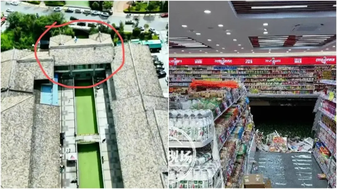 這家超市就開在河道上,客人直接掉進河裡。(圖/翻攝微博)