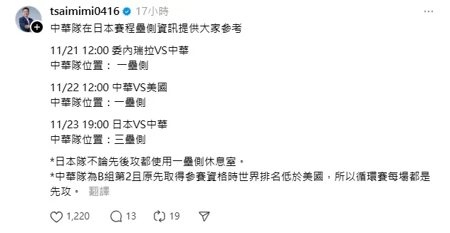 蔡其昌解釋，中華隊循環賽被安排在客場的原因。（圖／翻攝自蔡其昌threads）