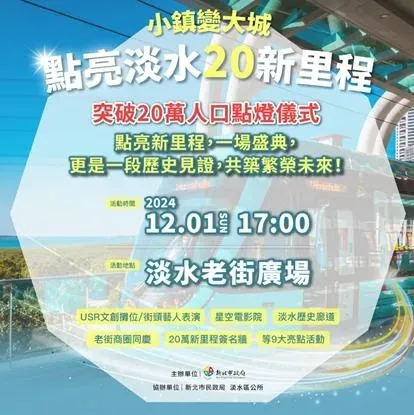 新北市於12月1日在淡水老街廣場,將舉行「小鎮變大城點亮淡水20新里程」點燈慶祝活動。(圖/新北市政府提供)
