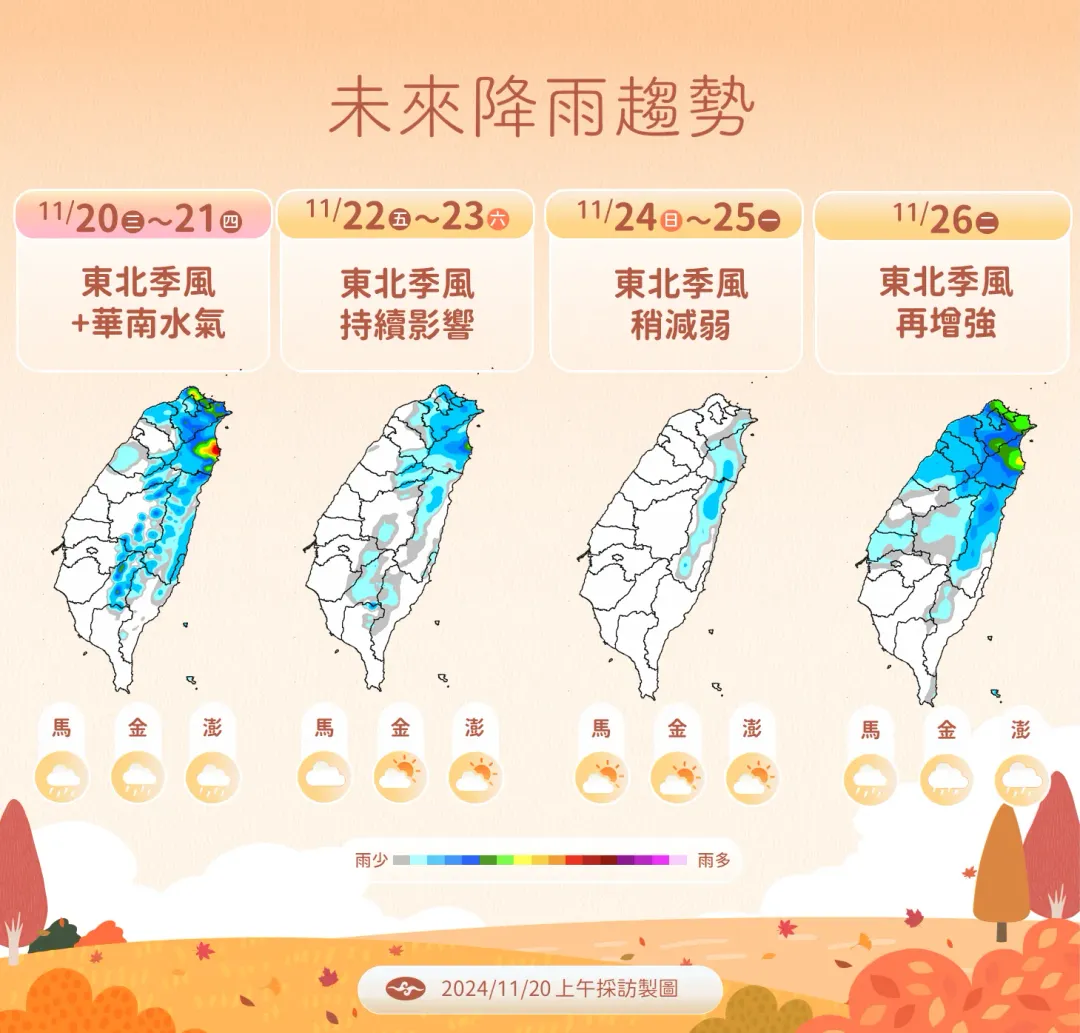未來雨勢受東北季風變化影響，下週較強東北季風到來，降雨範圍擴大。（圖／中央氣象署提供）