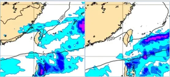 最新(22日20時)歐洲模式(ECMWF) 下週二(26日20時)模擬圖顯示，鋒面掠過，北部及東半部地區轉有局部短暫雨(左圖)。下週四(28日20時)模擬圖顯示，各地晴朗穩定(右圖)。（圖／翻攝自「洩天機教室」）