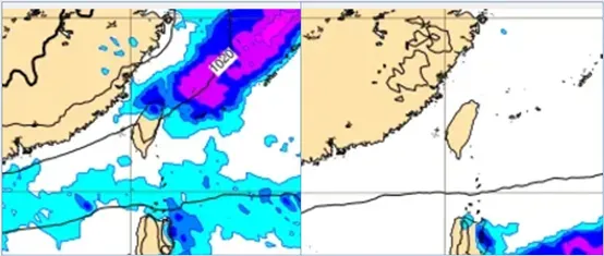 最新(25日20時)歐洲模式(ECMWF)，今(26)日8時模擬圖(左圖)顯示，鋒面掠過。下週(1)日模擬圖(右圖)顯示，「乾」冷氣團籠罩，各地晴朗無雨。。（圖／翻攝自「洩天機教室 」）