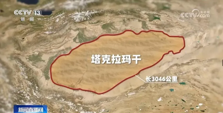 塔克拉瑪干沙漠邊緣總長約3046公里。(圖/翻攝央視網)
