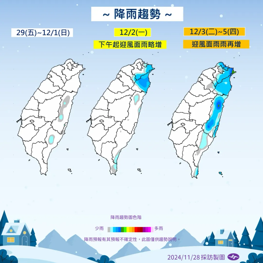 新1波東北季風將在下週起增強,迎風面地區雨量偏多。(圖/中央氣象署提供)