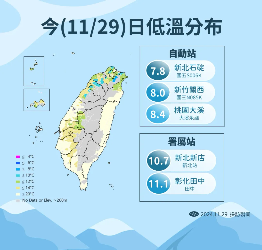 今日低溫分布。(圖/中央氣象署)