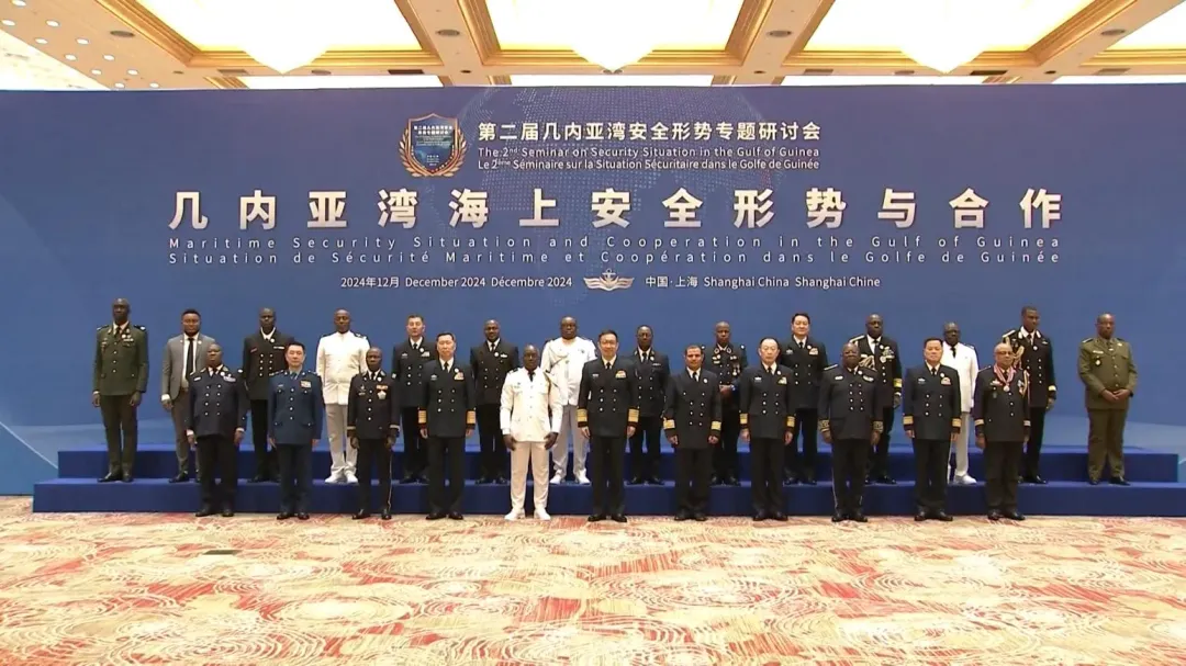 董軍與第二屆幾內亞灣安全形勢專題研討會與會外賓合影。(圖/央視)