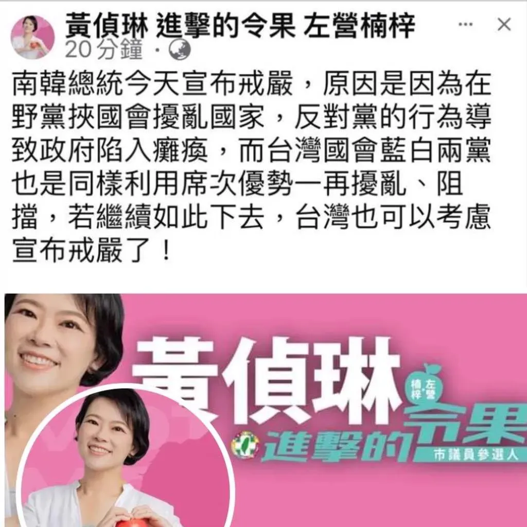 南韓戒嚴後，黃偵琳在臉書PO文稱台灣也可以考慮宣布戒嚴，發現風向不對早早刪文，但早已遭備份。(圖／取自臉書)
