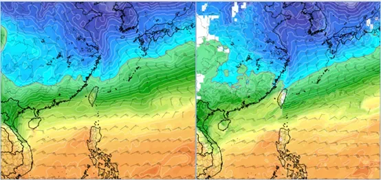 最新(6日20時)歐洲模式(ECMWF),下週六(14日)20時模擬圖顯示,850百帕零度(紅)線,在北部近海(左圖)。最新(6日20時)美國模式(GFS),14日20時模擬圖則顯示,850百帕零度(紅)線已觸及北部陸地(右圖)。(圖/翻攝自「洩天機教室」)