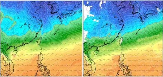 最新(8日20時)歐洲模式(ECMWF),週六(14日)20時模擬圖顯示,850百帕零度(紅)線,在北部近海(左圖)。最新美國模式(GFS),14日20時模擬圖則顯示,850百帕零度(紅)線,非常接近北部陸地(右圖)。(圖/翻攝自「氣象應用推廣基金會」專欄)