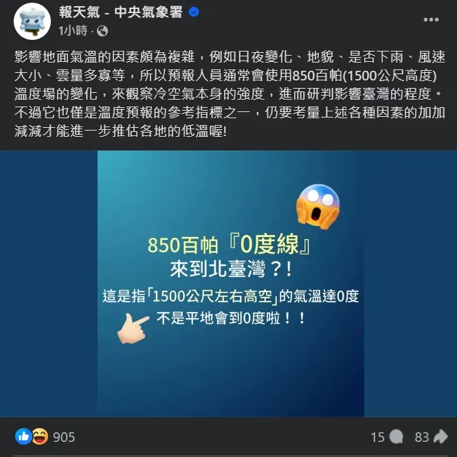 氣象署透過臉書說明850百帕「0度線」的名詞含意。（圖／翻攝自Facebook@報天氣 - 中央氣象署）