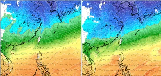 最新(9日20時)歐洲模式(ECMWF)，週六(14日)20時模擬圖顯示，850百帕零度(紅)線，在北部近海(左圖)。最新美國模式(GFS)，14日20時模擬圖則顯示，850百帕零度(紅)線，非常接近北部陸地(右圖)。（圖／翻攝自「洩天機教室」專欄）