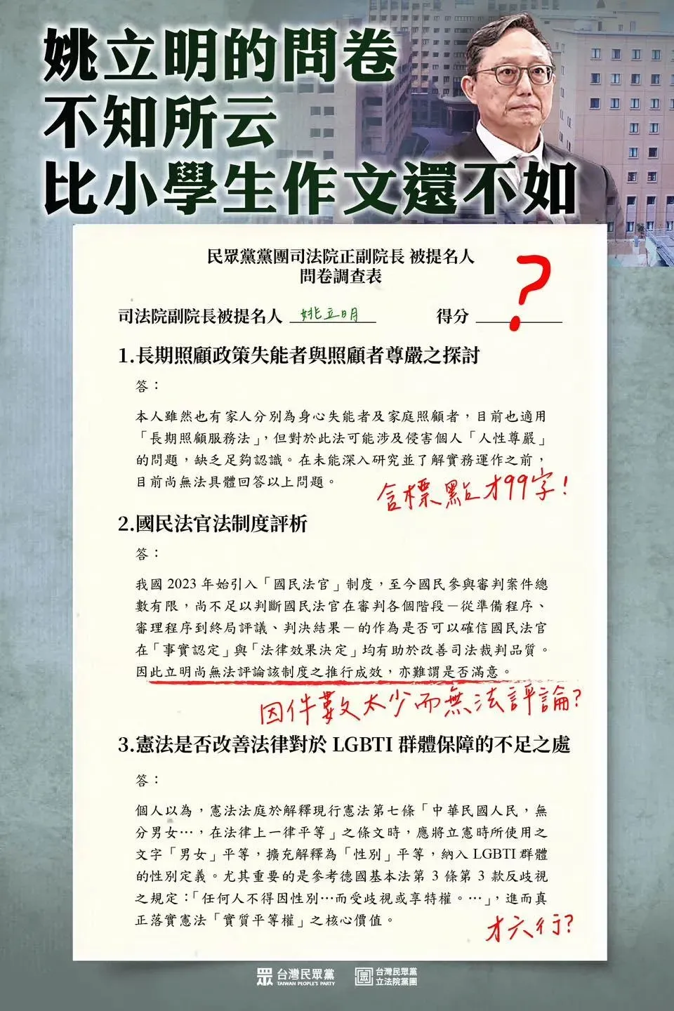 民眾黨釋出姚立明填答大法官問卷內容。（圖／擷取自民眾黨臉書）