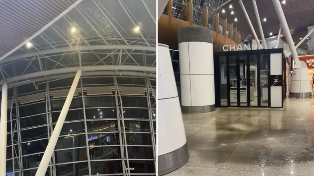 馬來西亞吉隆坡機場(KLIA)遭人爆料航廈天花板出現「瀑布」,不斷大漏水。(圖/翻攝小紅書)
