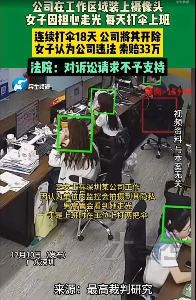 憂走光!深圳女子擋頭上監視器「撐傘上班18天」。(圖/翻攝微博)