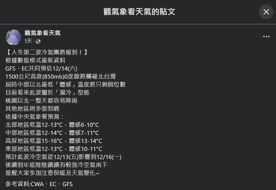 氣象粉專「觀氣象看天氣」發文分析未來1週低溫趨勢。（圖／翻攝自Facebook@觀氣象看天氣）
