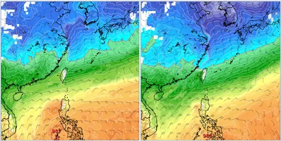 最新(13日20時)歐洲模式(ECMWF),22日20時模擬圖顯示,強冷空氣南下,850百帕零度(紅)線,在北部海面(左圖)。最新美國模式(GFS),下週六(21日)20時模擬圖則顯示,850百帕零度(紅)線,已接觸北部陸地(右圖),其強度較歐洲模擬強,且早了一天。(圖/翻攝自「洩天機教室」)