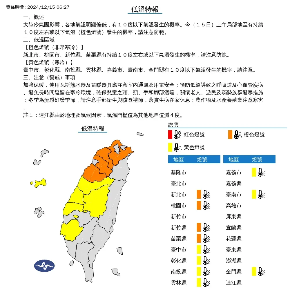 11縣市發布低溫特報。(圖/中央氣象署)