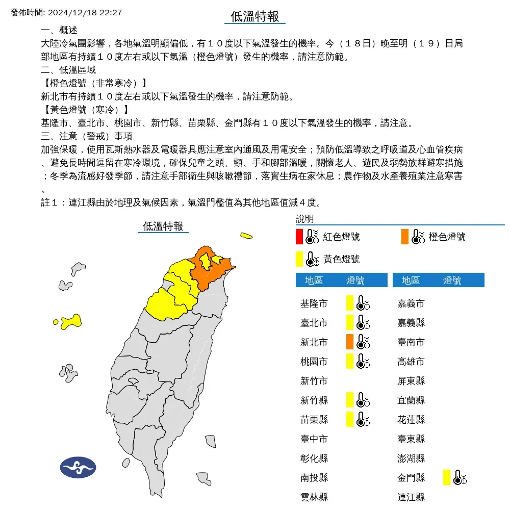氣象署18日晚間發布7縣市低溫特報,新北市將持續出現10度以下低溫。(圖/翻攝自中央氣象署官網)