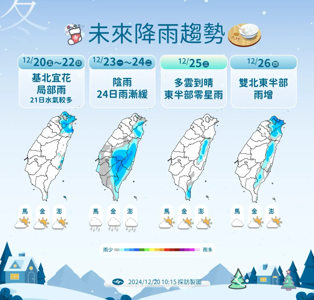 下週一、二水氣增多,東半部及西半部山區有明顯降雨。(圖/中央氣象署)