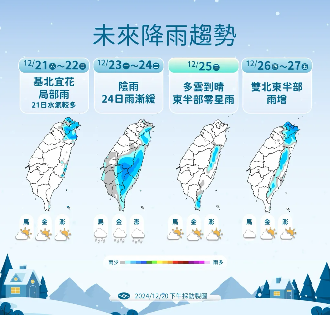 聖誕節前夕有水氣殘留,桃園以北、宜花將有局部短暫雨。(圖/中央氣象署提供)