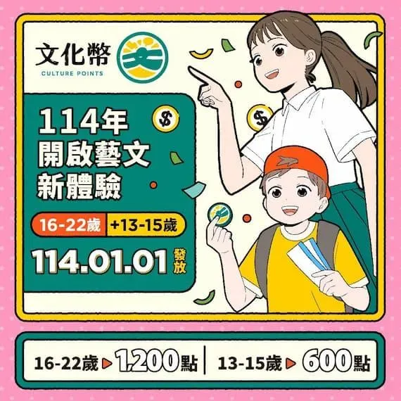 114年文化幣將自明年1月1日起開放領用,家馬對13至15歲的民眾發放每人600點。(圖/文化部提供)