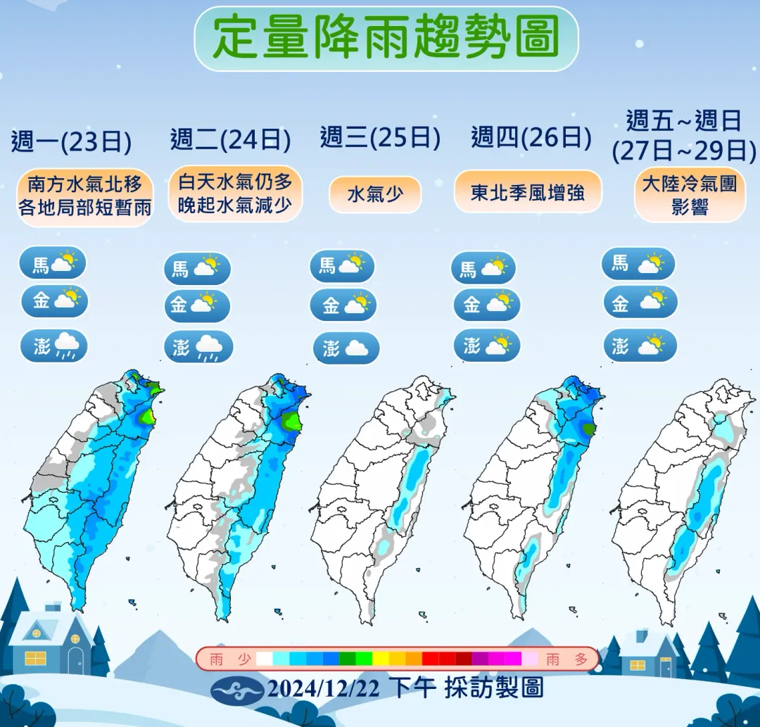 南方雲系水氣移入,未來1週雨勢從多漸少,31日跨年當天有望放晴。(圖/中央氣象署提供)