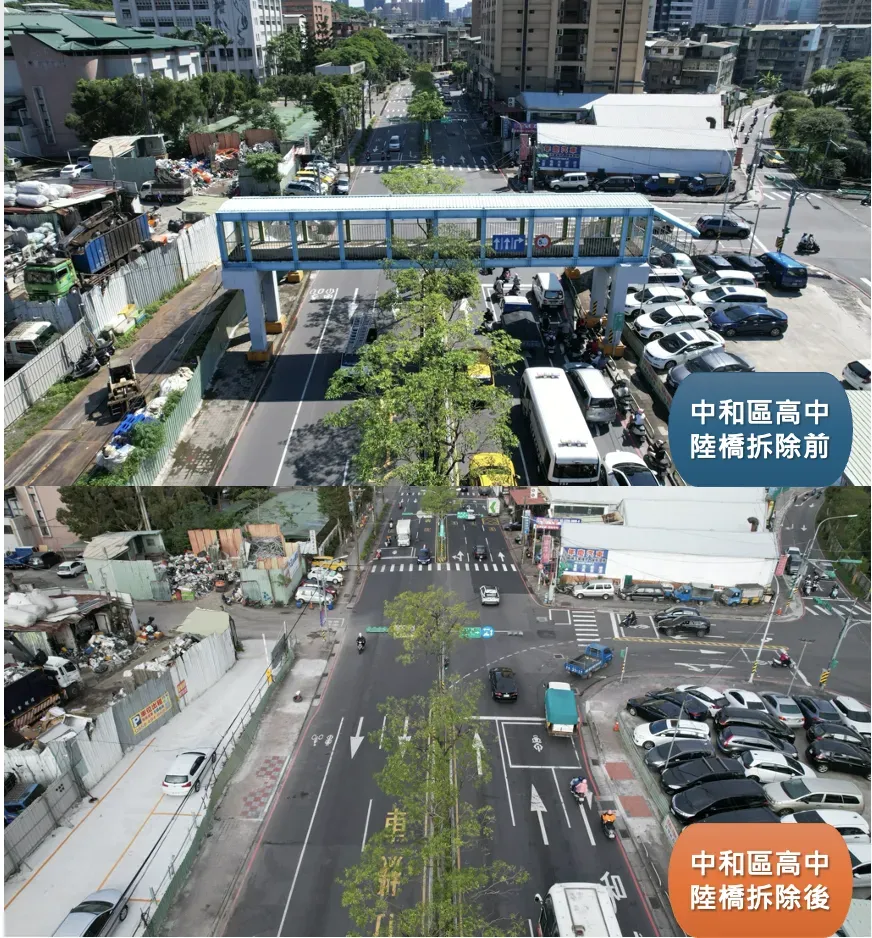 中和區高中陸橋拆除前後。(圖／新北市政府提供)