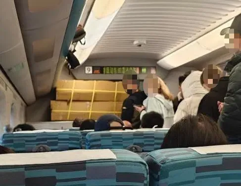 高鐵車廂日前發生有乘客攜帶大型物品上車狀況,乘客都被堵在出入口門前。(圖/乘客時小姐授權提供)
