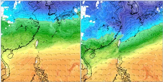 歐洲模式(ECMWF)、元旦(1日)20時模擬圖(左圖)顯示,850百帕零度(紅)線在長江以北。最新美國模式(GFS)、同時的模擬圖(右圖)顯示,850百帕零度(紅)線則觸及北部陸地。兩者差異甚大。(圖/翻攝自「氣象應用推廣基金會」專欄)