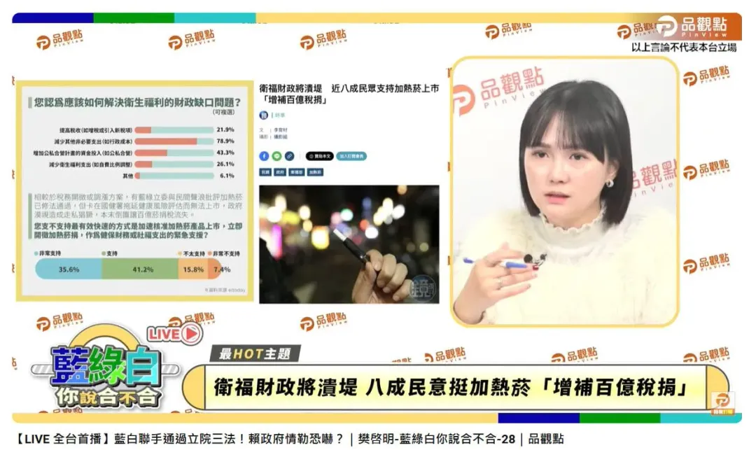 民眾黨發言人吳怡萱認為，增加稅收是不穩定的財政收入方式，最後將陷於挖東牆補西牆的無間道輪迴，而最新民調也顯示，將近八成的民意支持，政府加速開放加熱菸上市，讓徵得加熱菸稅捐可以挹注健康福利政策的支出。(圖／品觀點提供)