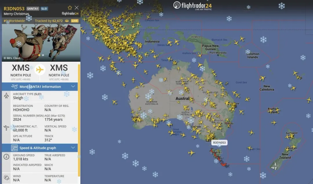 稍早耶誕老人位置已到澳洲上空。（圖／翻攝自X@Flightradar24）