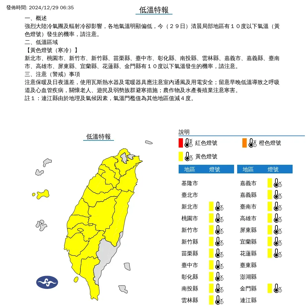低溫特報。(圖/中央氣象署)
