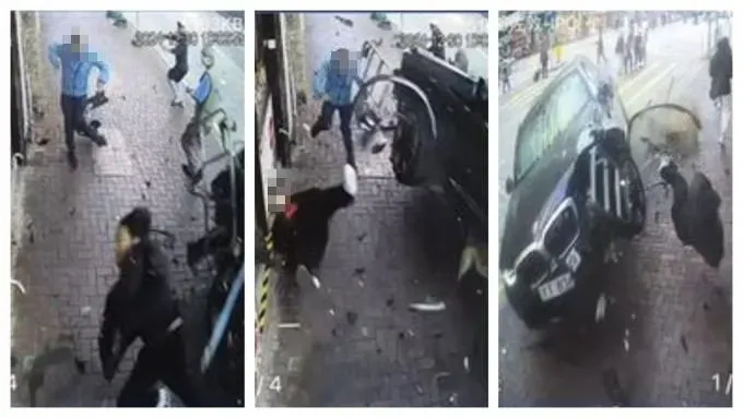 黑衣女子被撞飛後,藍衣老翁被輾過。(圖/翻攝星島網)