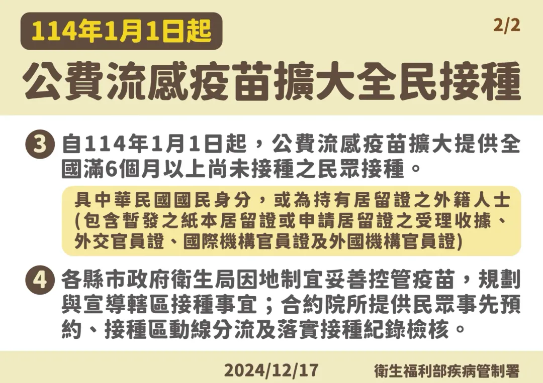 自今（1）日起，公費流感疫苗將擴大提供全國滿6個月以上尚未接種的民眾。（圖／疾管署提供）